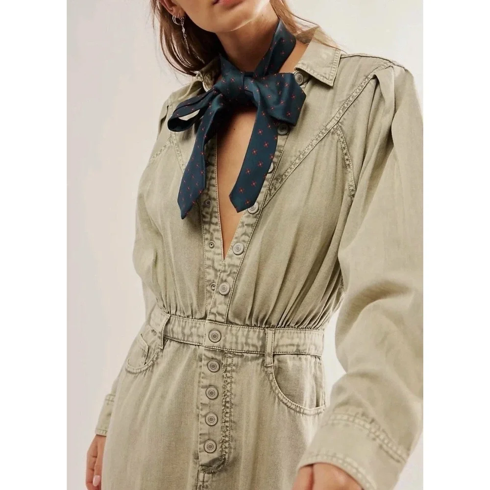 NWT Free People Mad Love Denim Midi Dress Cotton Fitted Long Sleeve Size M Sage - Picture 2 of 10